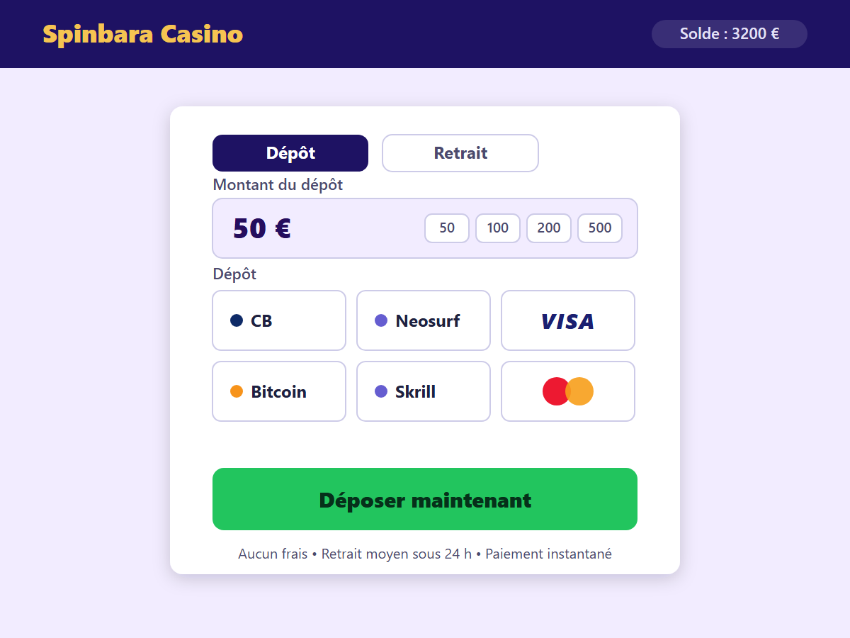 Page de dépôt Spinbara Casino — méthodes de paiement