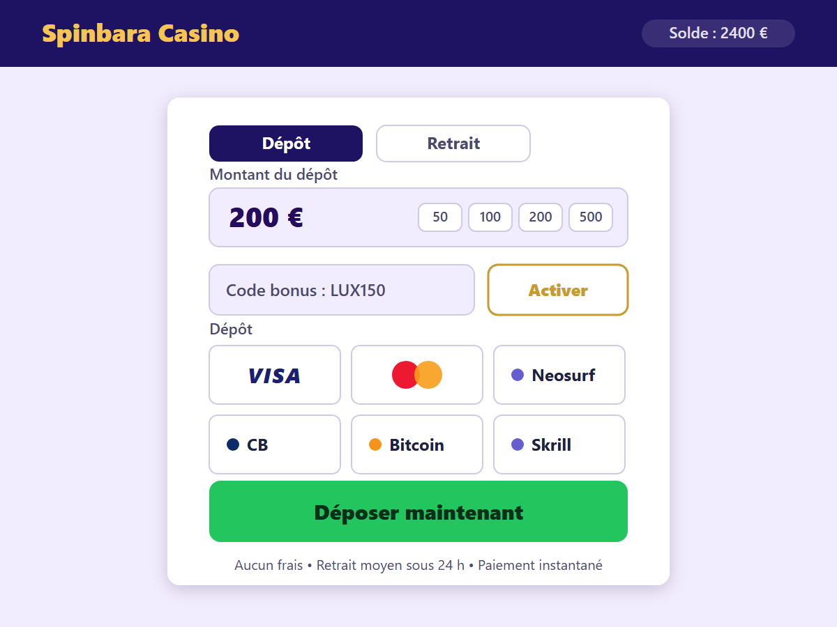 Page de dépôt Spinbara Casino — méthodes de paiement