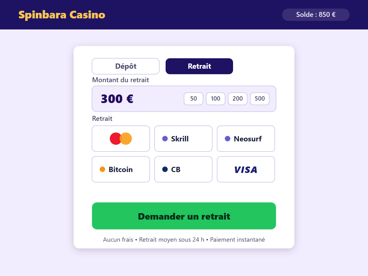 Page de dépôt Spinbara Casino — méthodes de paiement