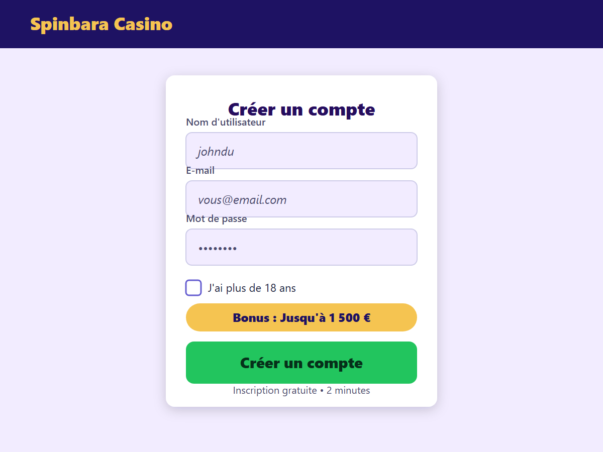 Formulaire d'inscription Spinbara Casino